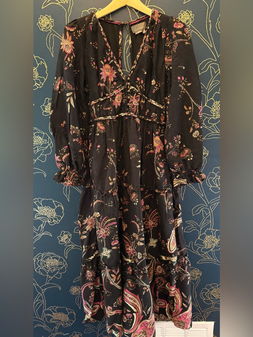 by ANTHROPOLOGIE paisley maxi dress OPEN BACK black PRINT long sleeve size 8 - Picture 4 of 11